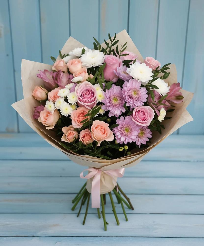 Букет цветов из: Хризантемы, Розы и Альстромерии в Кубе