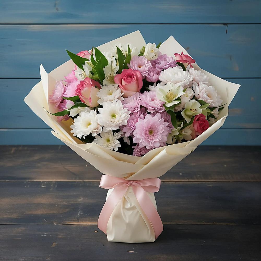 Букет цветов из: Хризантемы, Альстромерии и Розы в Кубе